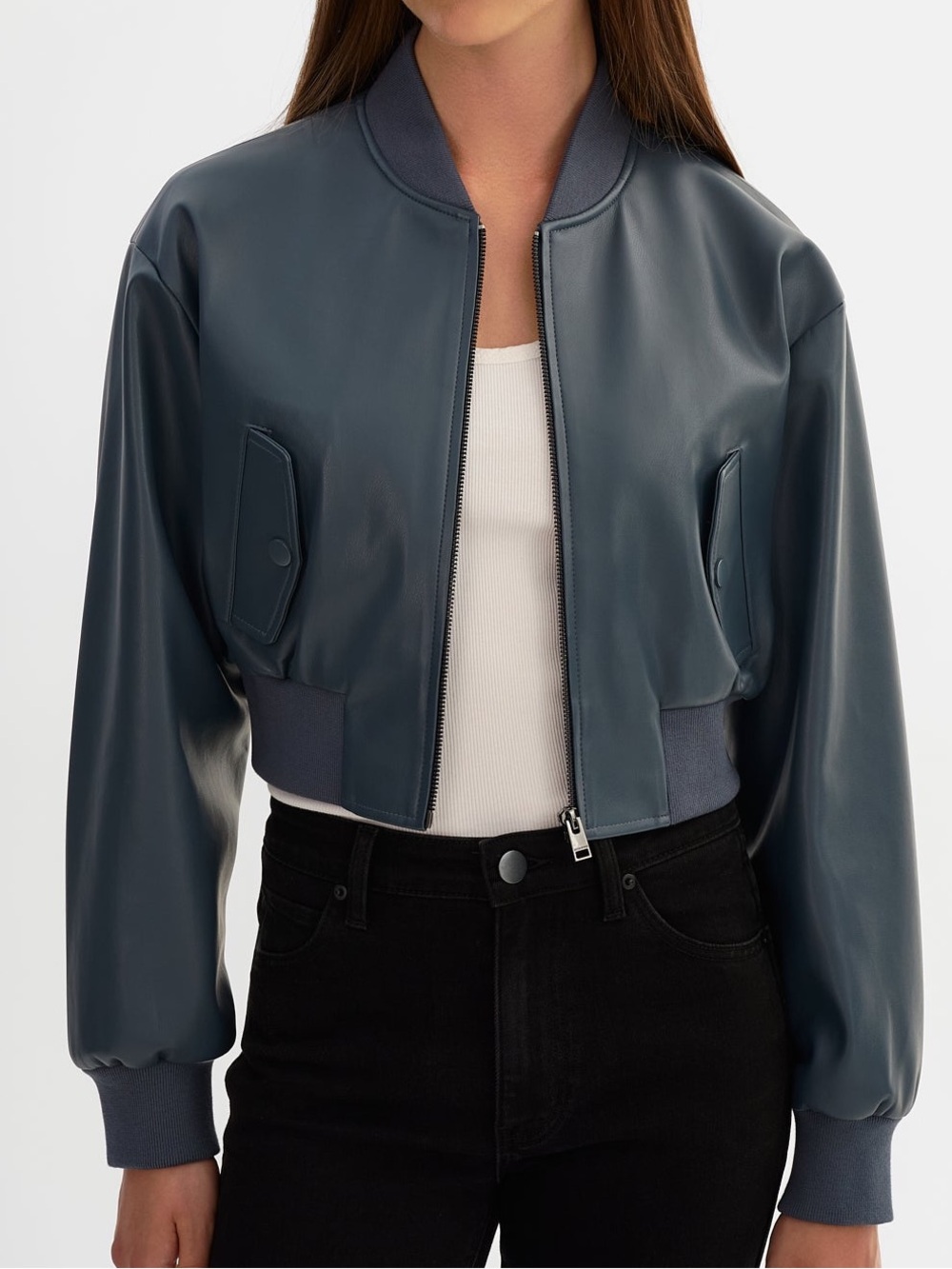 LAMARQUE Cropped Bomber Jacket in Slate Blue - Women's